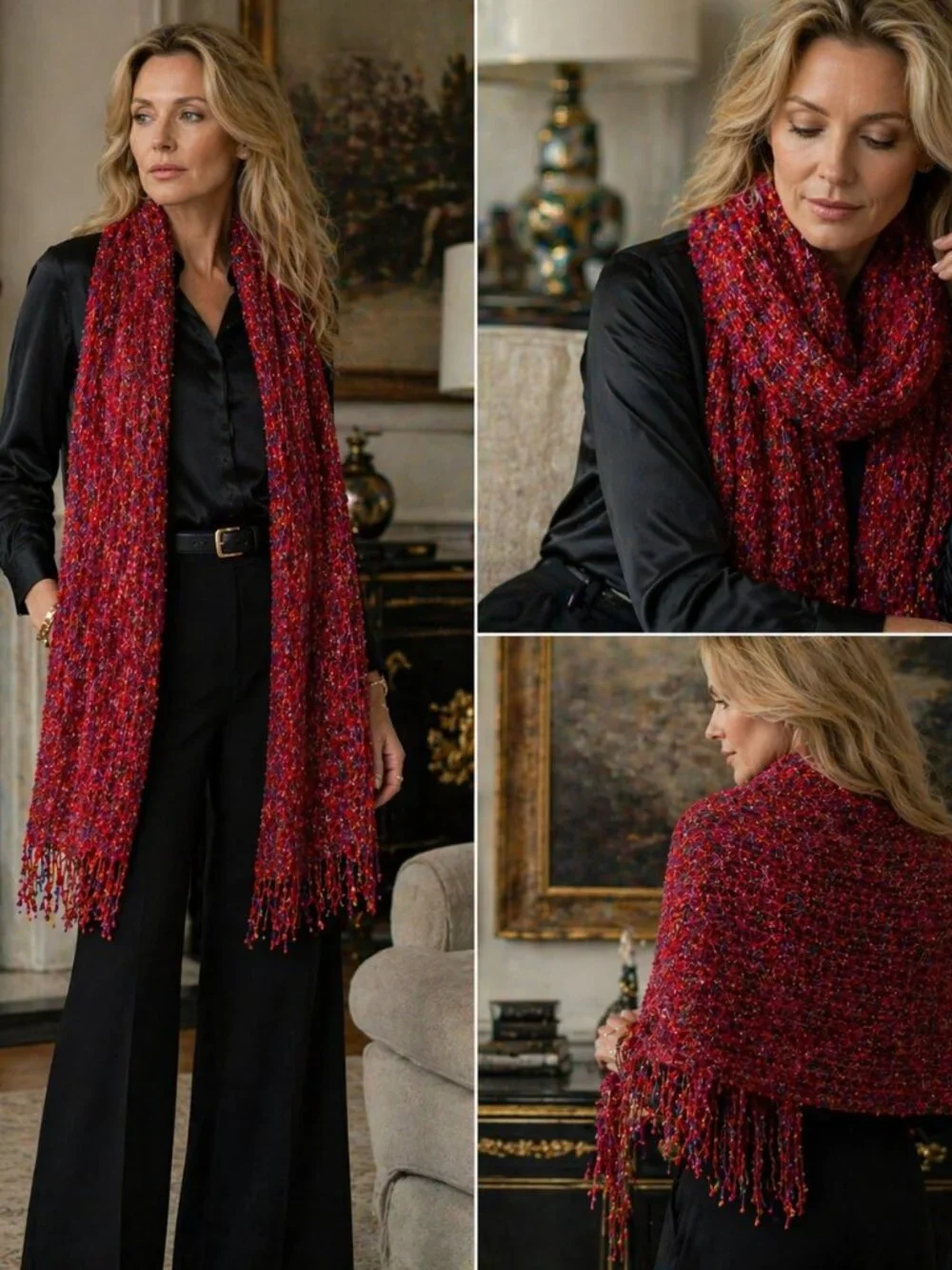 Vintage Textured Fringe Scarf – Red Pink Multi Knit | Soft Luxe Wrap
